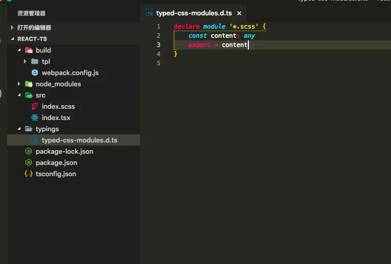 typings 目录结构与 typed-css-modules.d.ts 里的 scss 模块声明内容