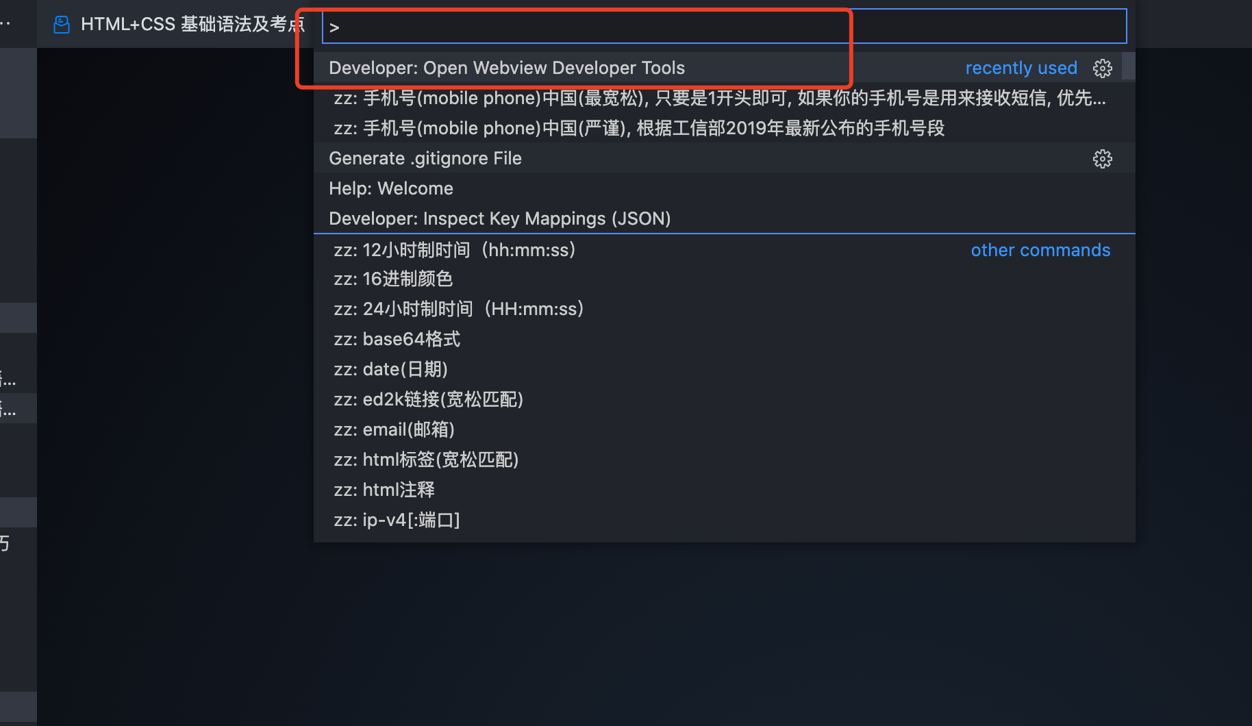 命令面板中查找 webview 开发者工具的入口