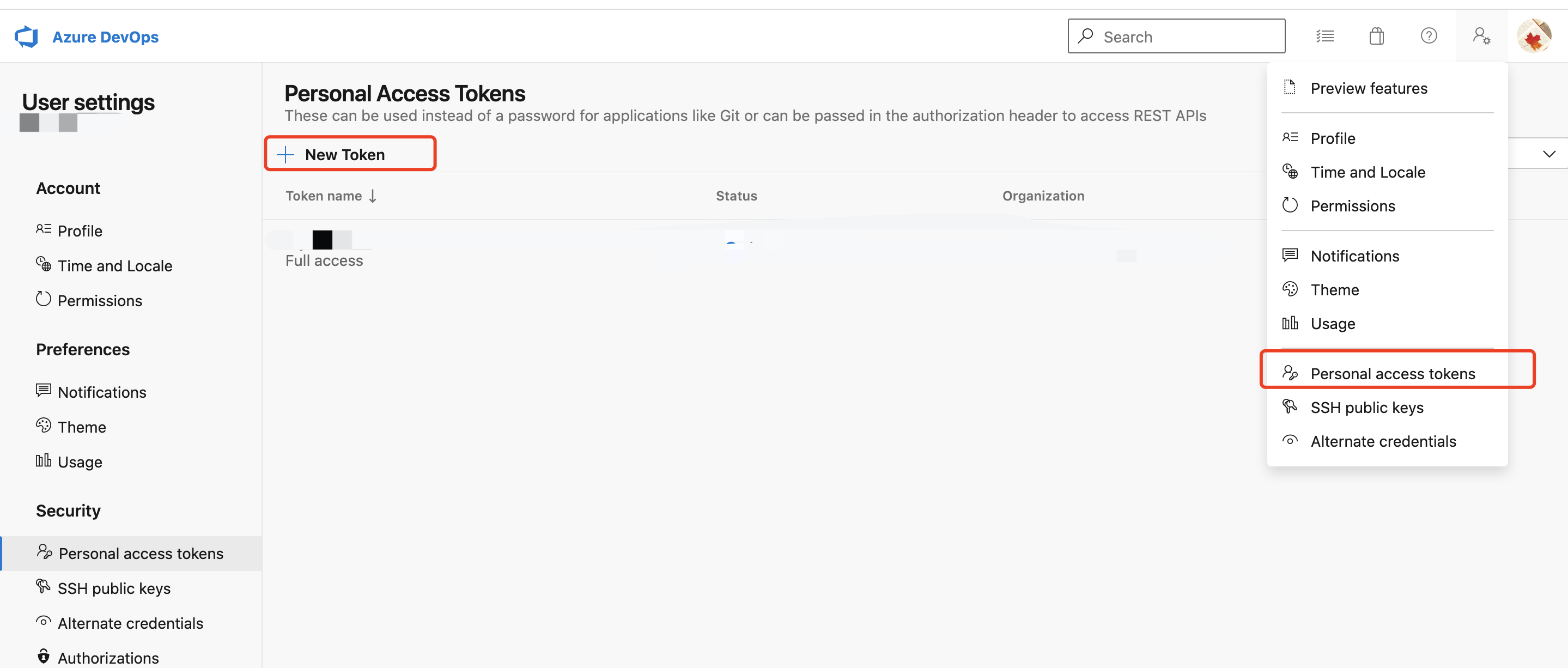 在 Azure DevOps 个人设置中进入 Personal Access Tokens 页面