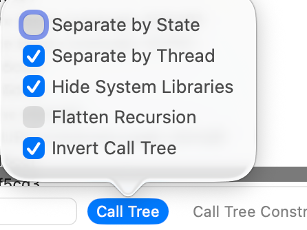 Call Tree 左下角勾选 Separate by Thread / Invert Call Tree / Hide System Libraries