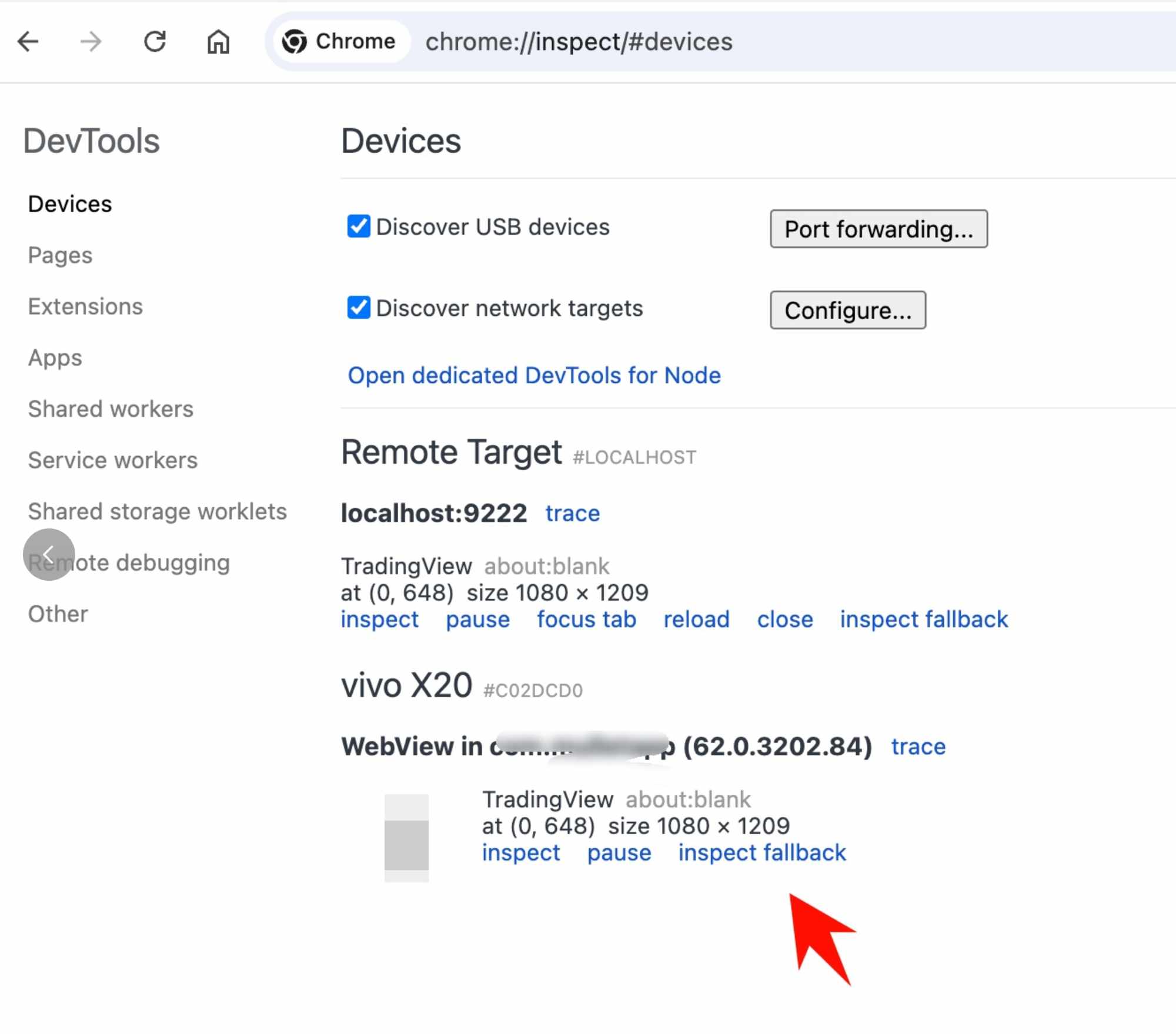 Chrome 的 chrome://inspect/#devices 页面，勾选 Discover USB devices 后，Remote Target 下列出了 vivo X20 真机里 App 的 WebView，红色箭头指向每个 WebView 后面的 inspect 入口