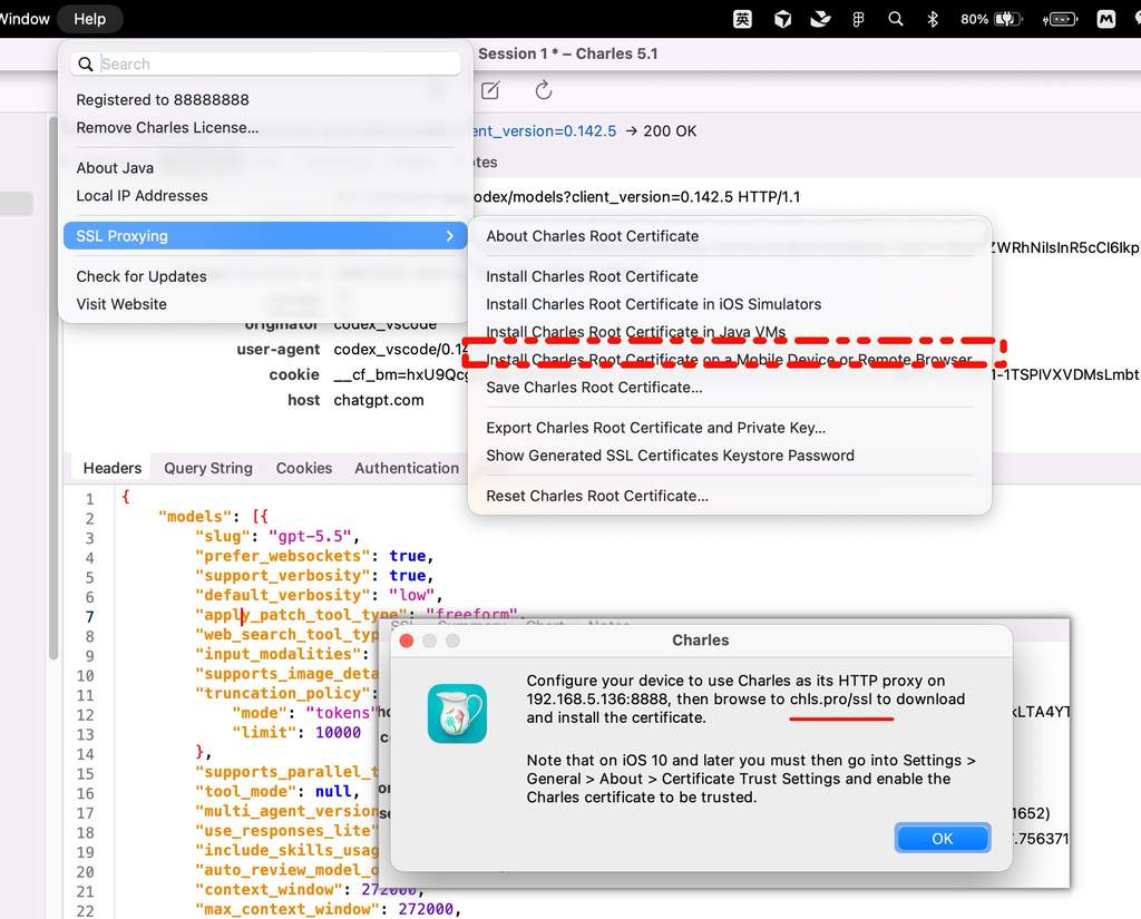Charles 的 Help - SSL Proxying 菜单展开，红框标注 Install Charles Root Certificate on a Mobile Device or Remote Browser，弹窗提示把设备代理配置为 192.168.5.136:8888 后浏览 chls.pro/ssl 下载证书