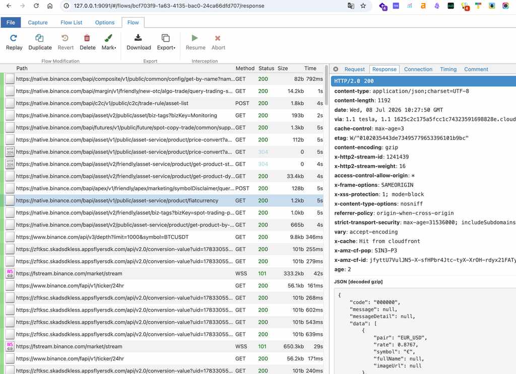 mitmweb 抓包界面，左侧 Flow List 是 native.binance.com 的一系列 bapi 接口和 fstream WebSocket，右侧 Response 面板显示 HTTP/2 200 的 JSON 明文
