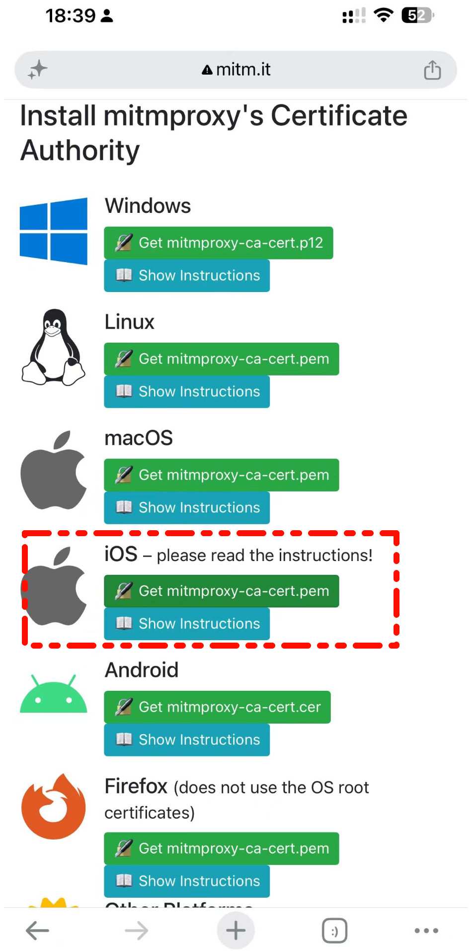 mitm.it 证书安装页，按平台列出 Windows/Linux/macOS/iOS/Android，红框标注 iOS 那一栏的 Get mitmproxy-ca-cert.pem