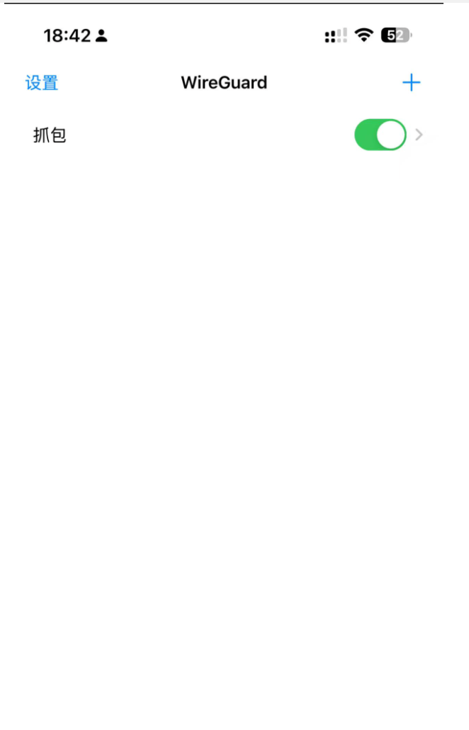 iOS WireGuard App 里导入好的名为「抓包」的隧道配置，开关已打开