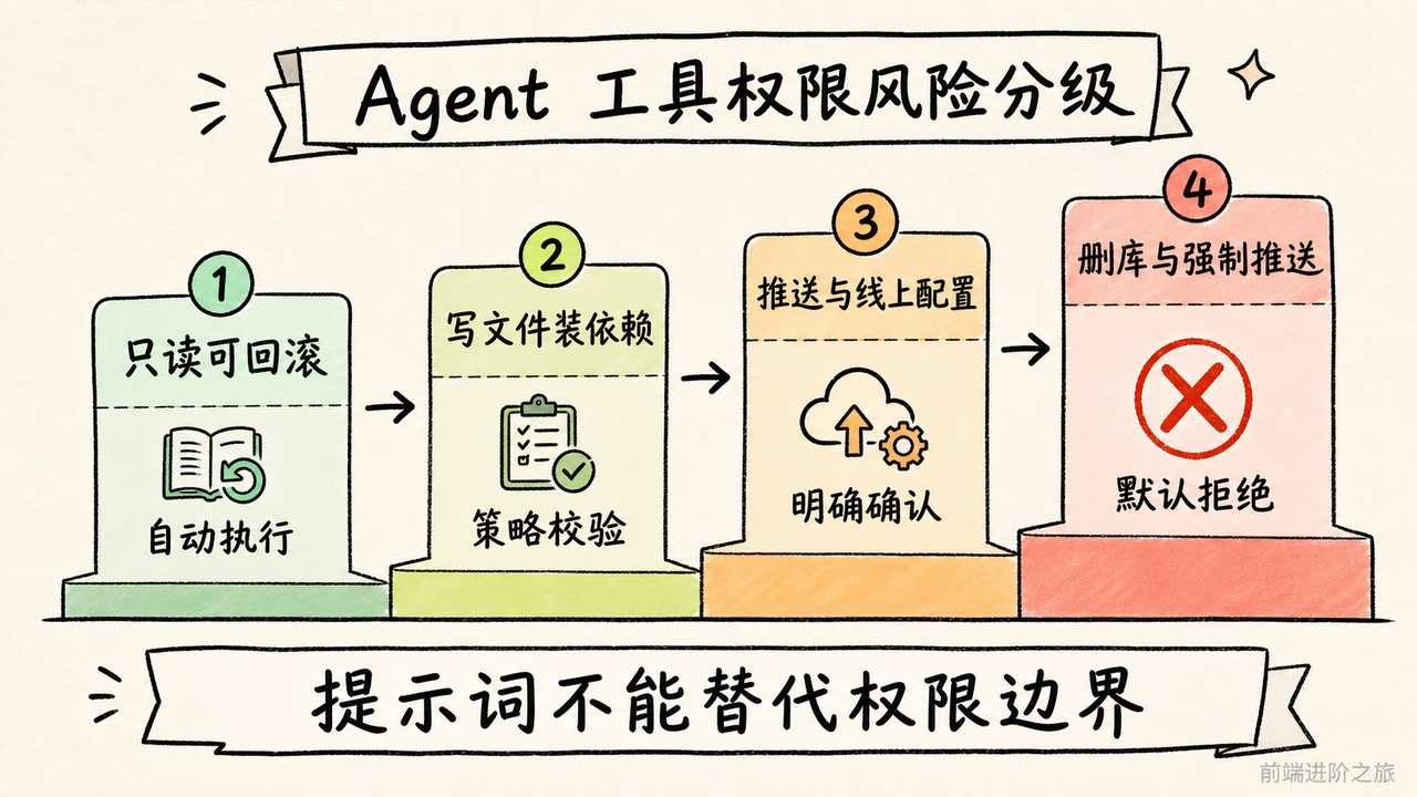 Agent 工具权限按只读可回滚、写文件、线上配置和破坏性动作分级控制