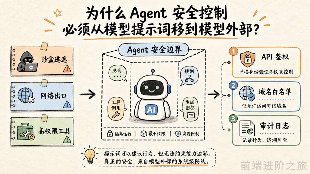 Agent 安全边界从模型提示词迁移到 API 鉴权、网络白名单和审计日志