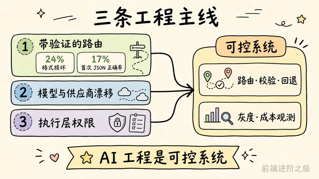 三条 AI 工程主线汇入带路由、校验、回退、灰度和成本观测的可控系统