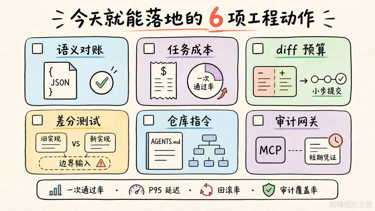 语义对账、任务成本、差分测试与审计网关六项行动手绘检查卡