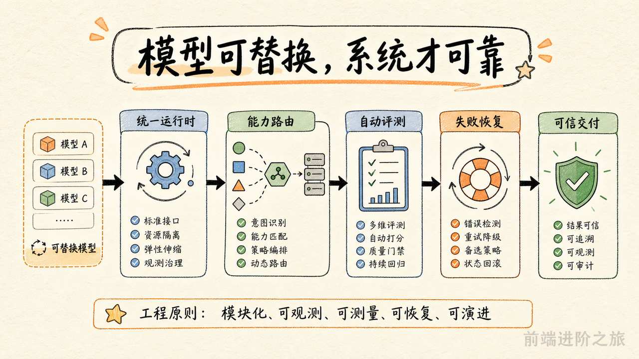 可替换模型通过统一运行时、能力路由、自动评测和失败恢复实现可信交付