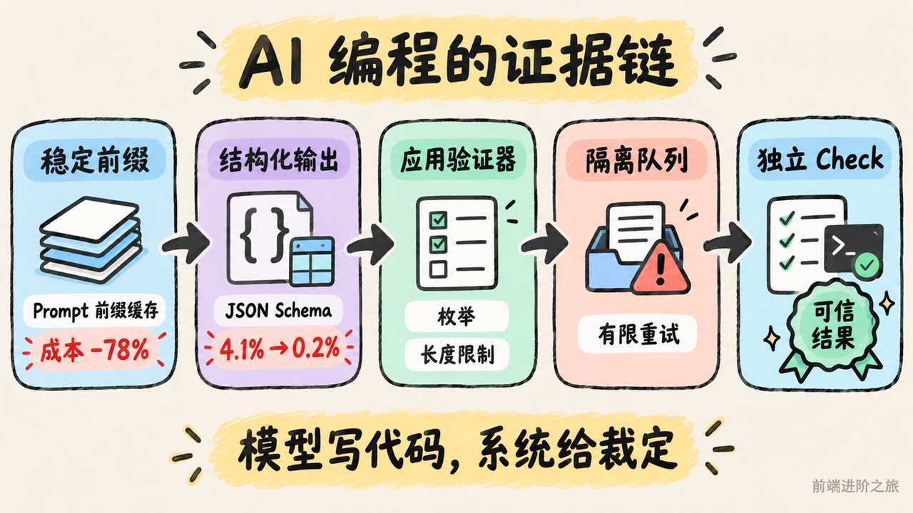 AI 编程通过 Prompt 前缀缓存、结构化输出、应用验证与独立 Check 形成证据链
