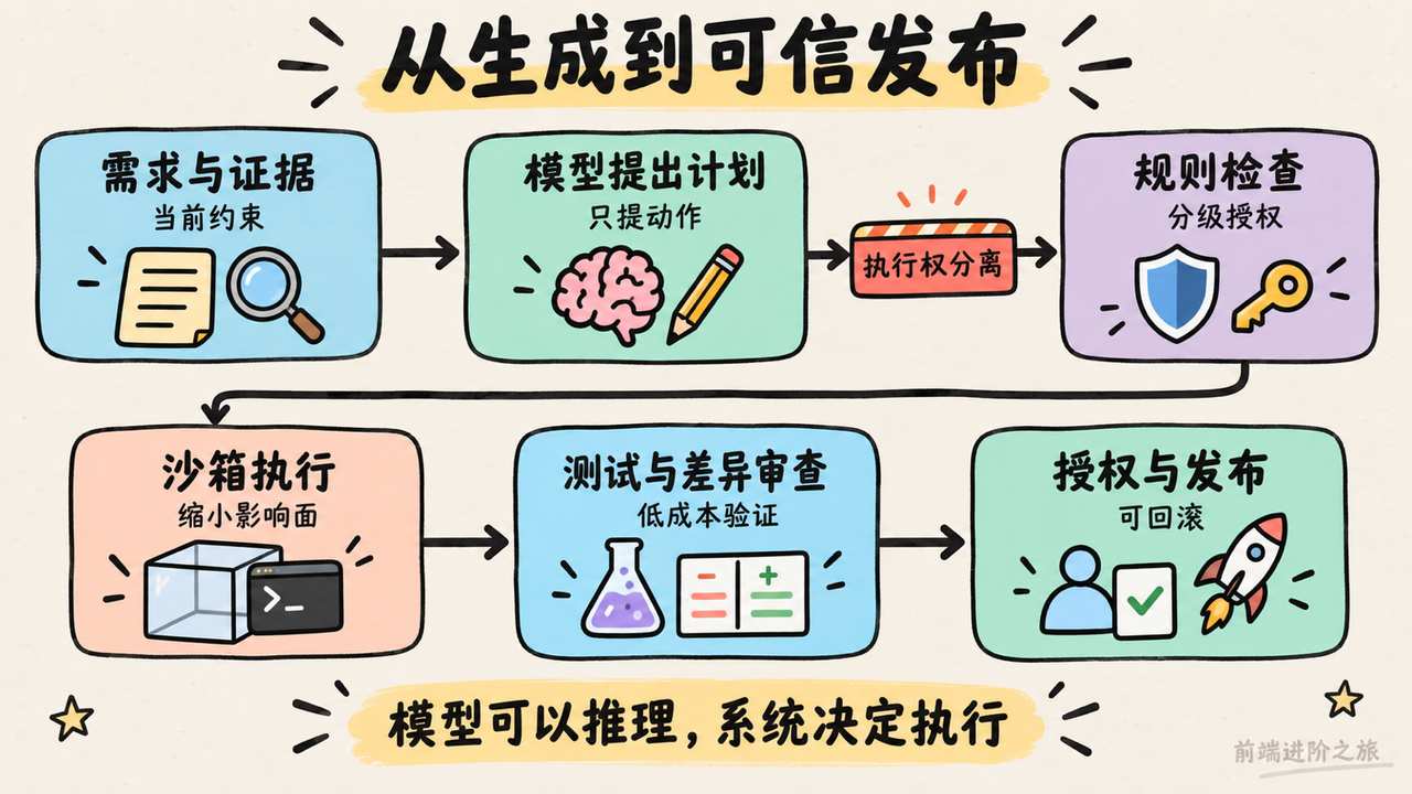 从需求证据到授权发布的生产级 Agent 可信交付流程图