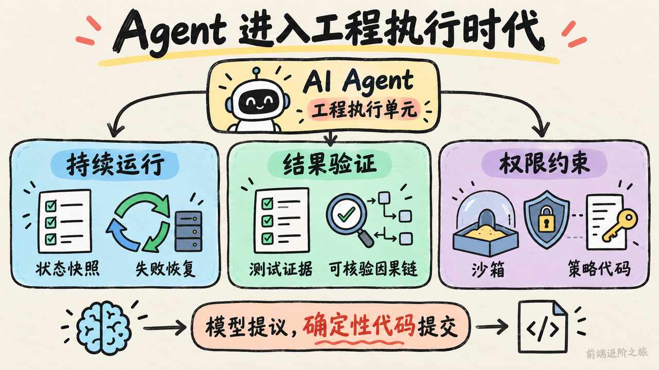 Agent 工程执行单元需要持续运行、结果验证与权限约束三条主线