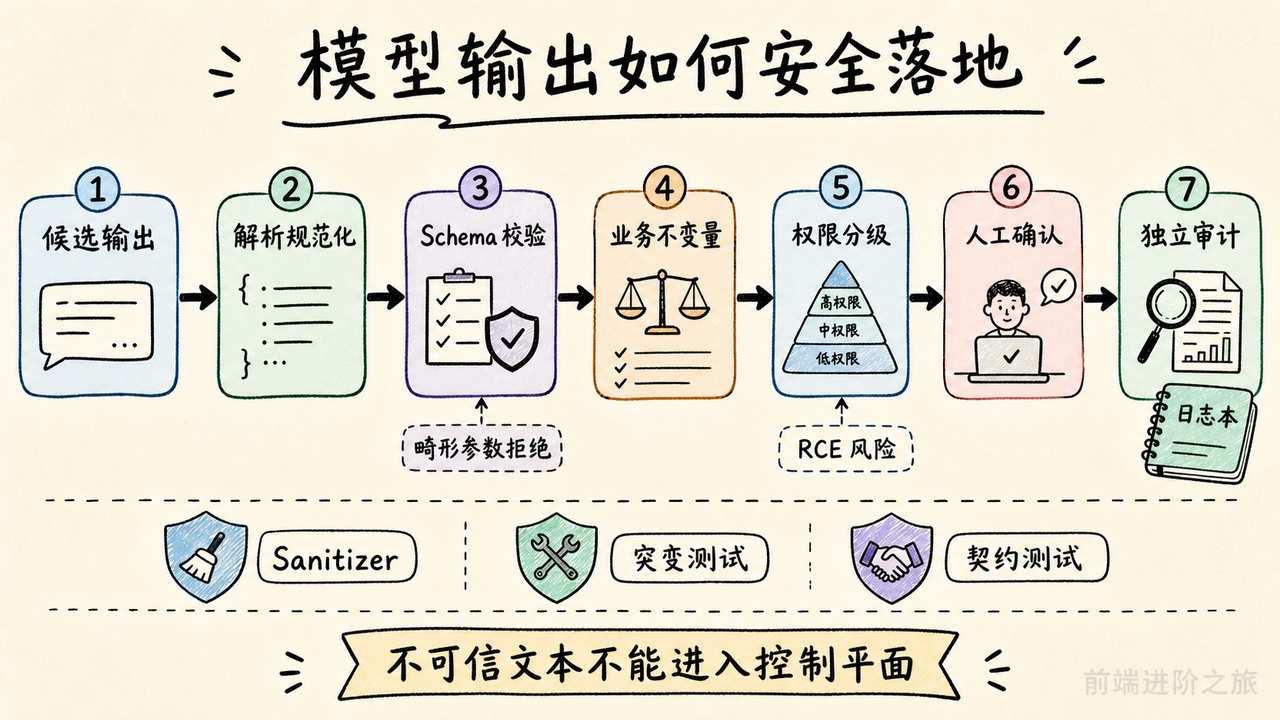 模型候选输出经过 Schema、业务不变量、权限与人工确认后安全执行