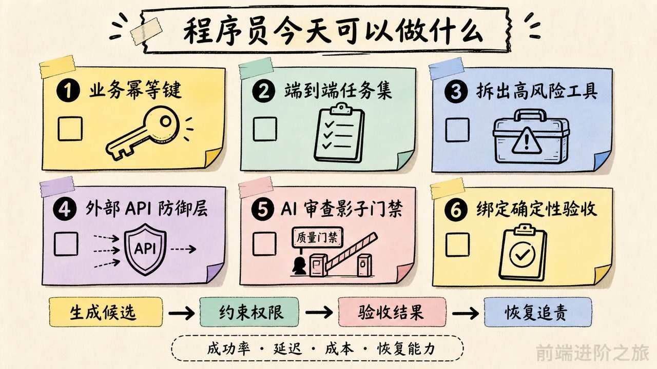 程序员为 AI 系统补齐业务幂等键、端到端任务集、高风险工具隔离和确定性验收的六步行动清单