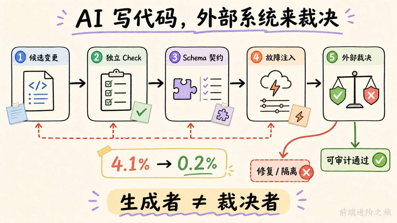 AI 候选变更通过独立检查、Schema 契约和故障注入完成外部裁决的流程图