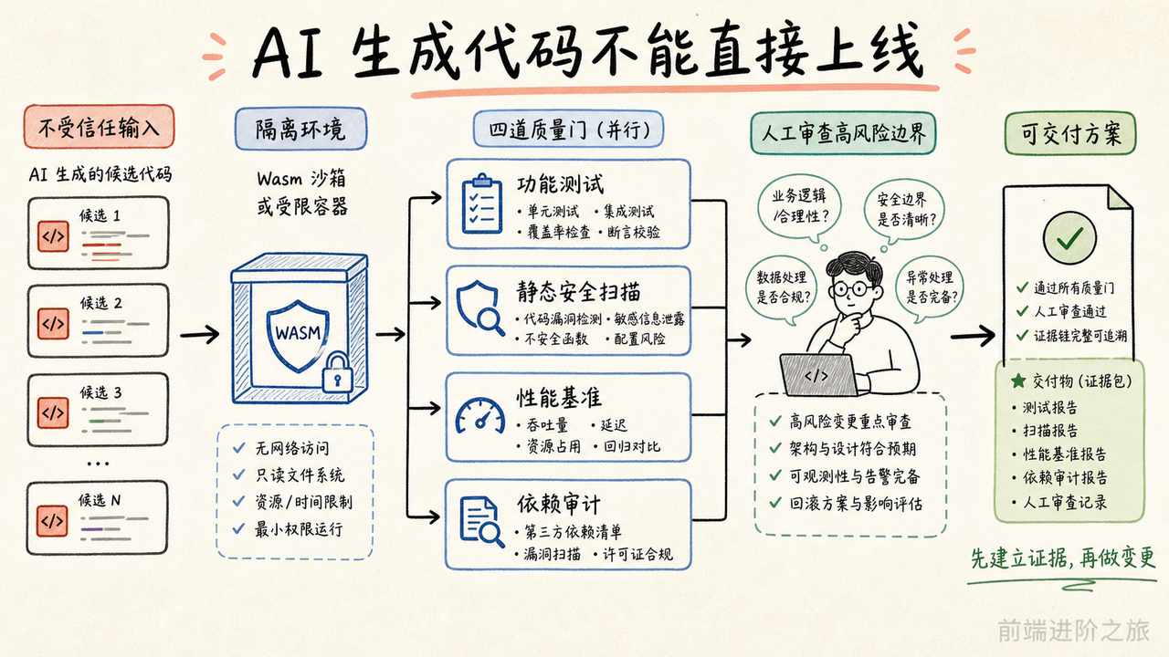 AI 生成代码从不受信任输入到隔离验证和人工审查的交付门禁