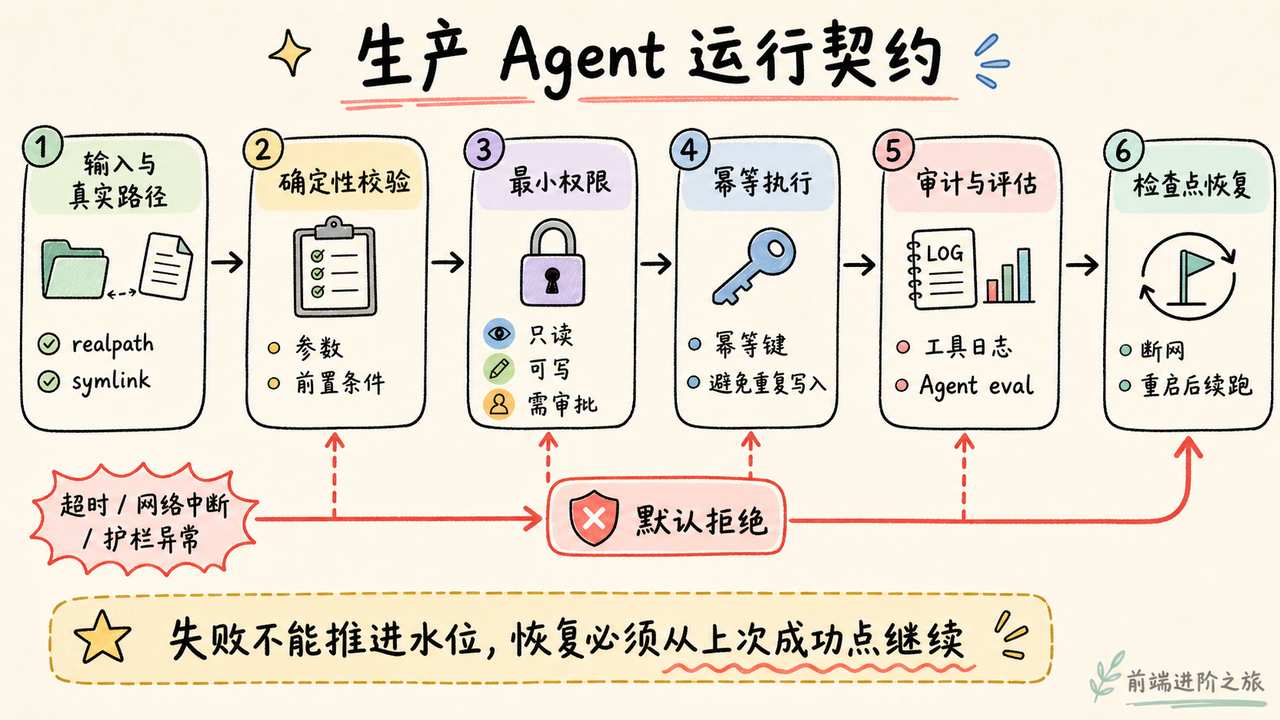 生产 Agent 通过真实路径、确定性校验、最小权限、幂等执行和检查点恢复形成运行契约