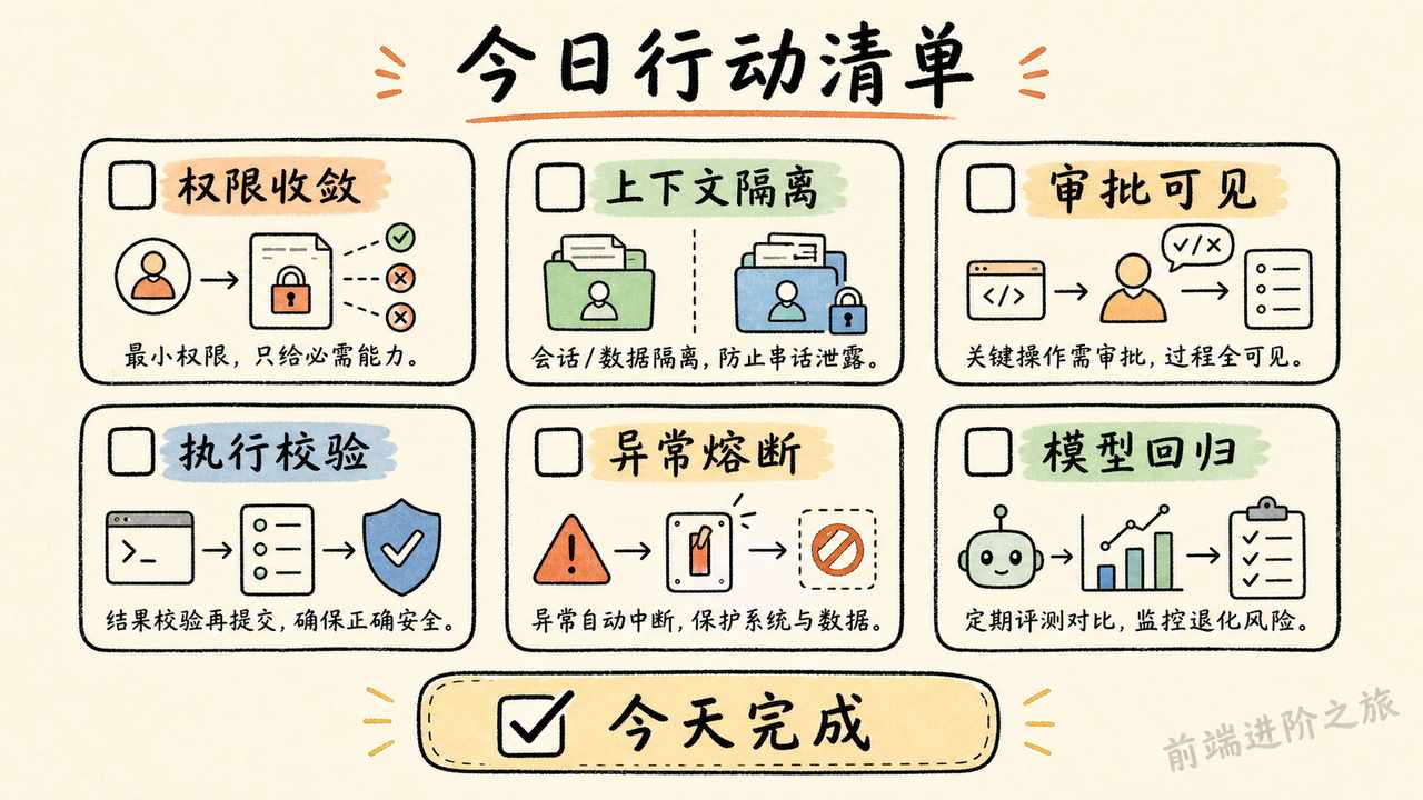 权限收敛、上下文隔离、审批可见、执行校验、异常熔断和模型回归行动清单