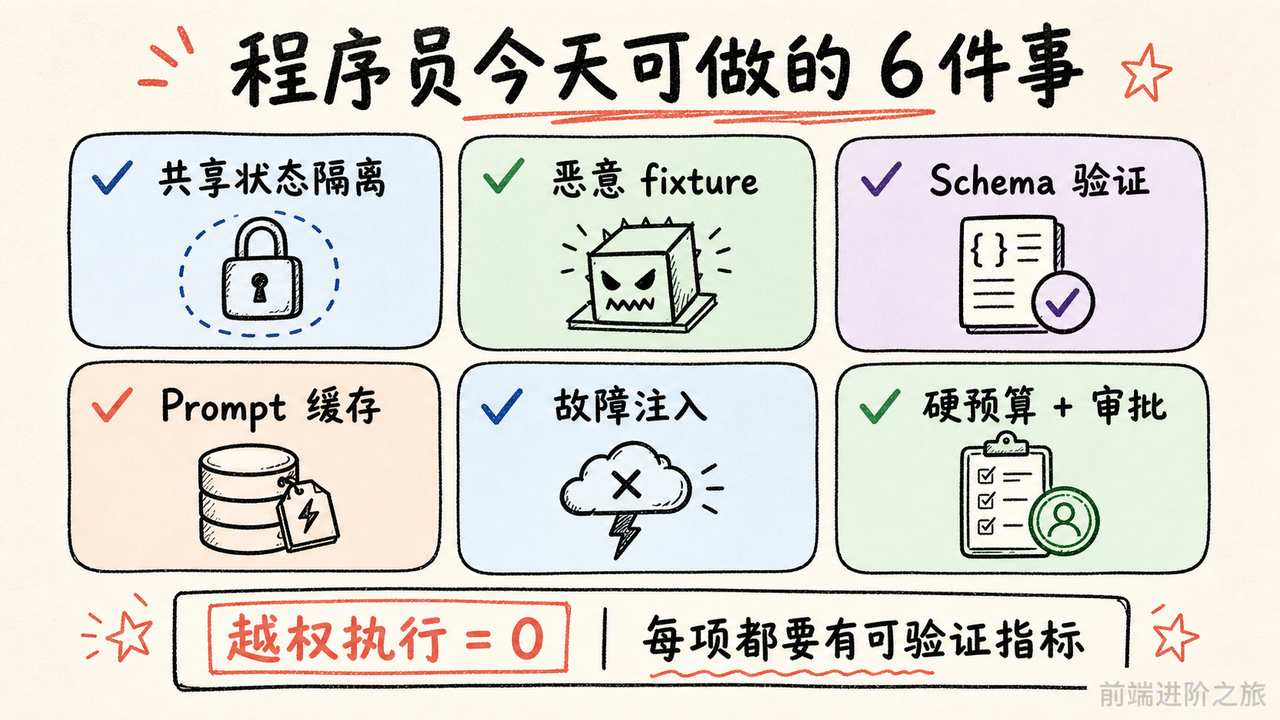 共享状态隔离、恶意 fixture、Schema 验证、Prompt 缓存、故障注入和硬预算审批行动清单
