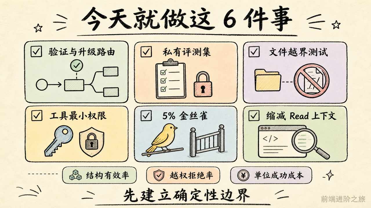 程序员当天可执行的验证路由、私有评测、越界测试、最小权限、金丝雀与上下文缩减清单