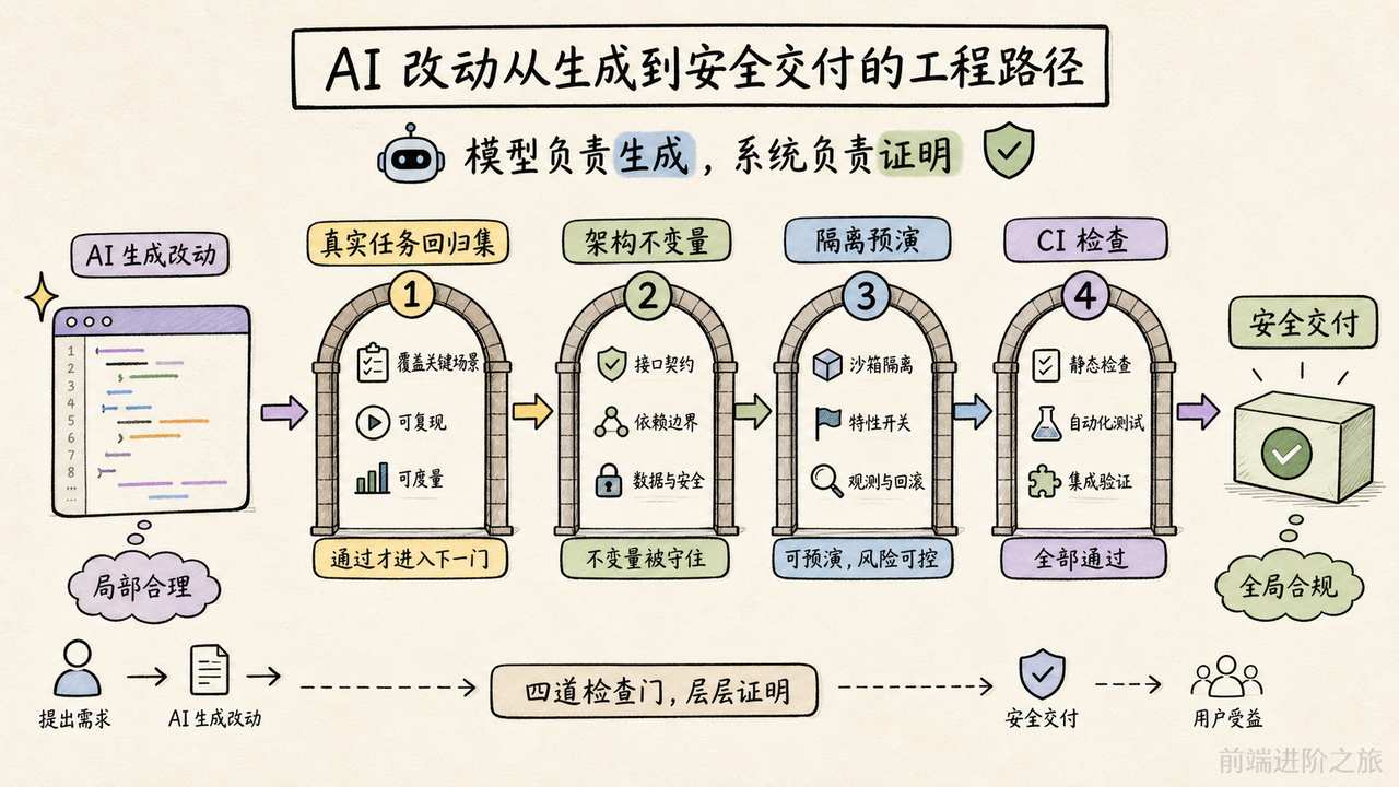 AI 改动经过真实任务回归集、架构不变量、隔离预演和 CI 检查后安全交付