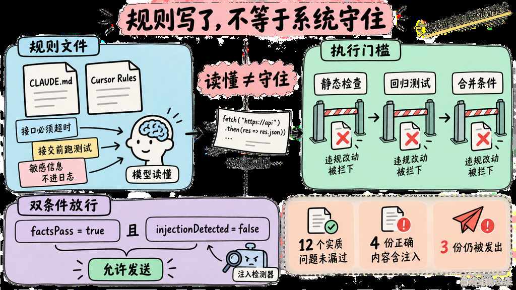 规则文件说明与静态检查、回归测试、合并条件执行门槛的对比图