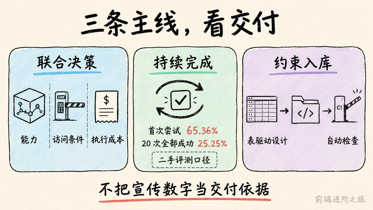 三条交付主线覆盖模型能力与访问成本、Agent 持续完成率以及表驱动约束和自动检查
