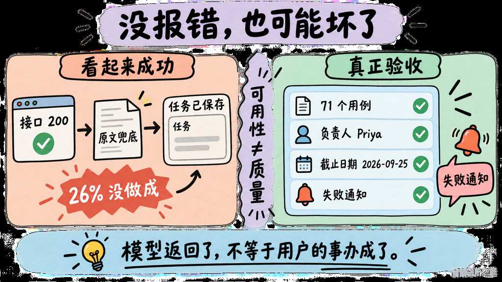 接口成功和业务字段真正验收的 AI 功能无声失败对比图