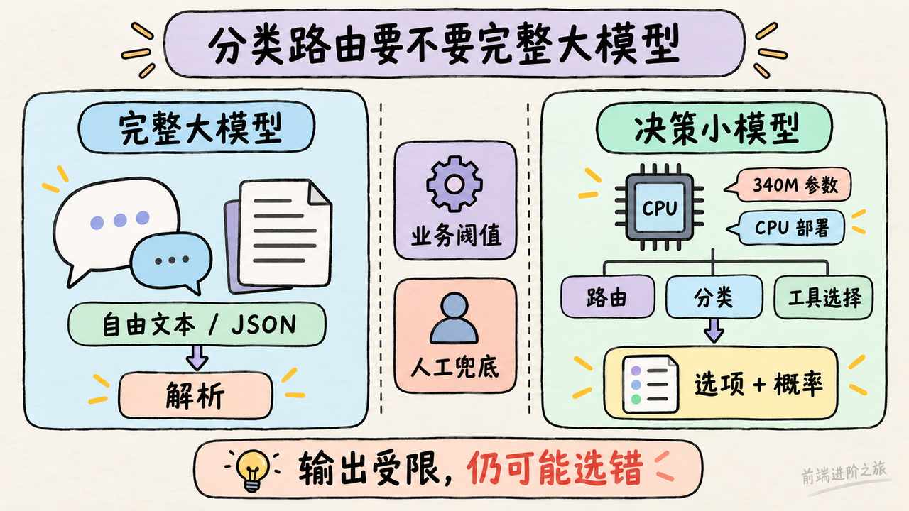 完整大模型与决策小模型在分类路由任务中的输出方式对比