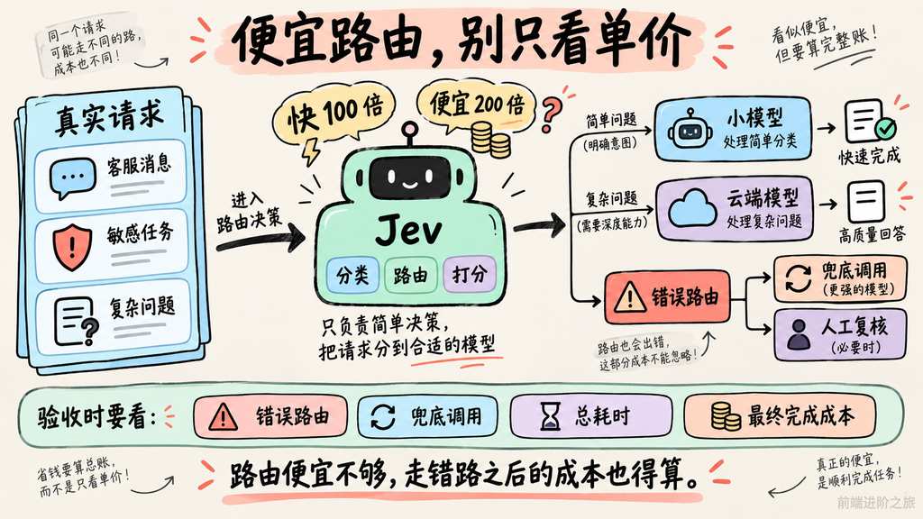 Jev 负责分类路由打分,并将错误路由、兜底调用与最终完成成本一起计入验收
