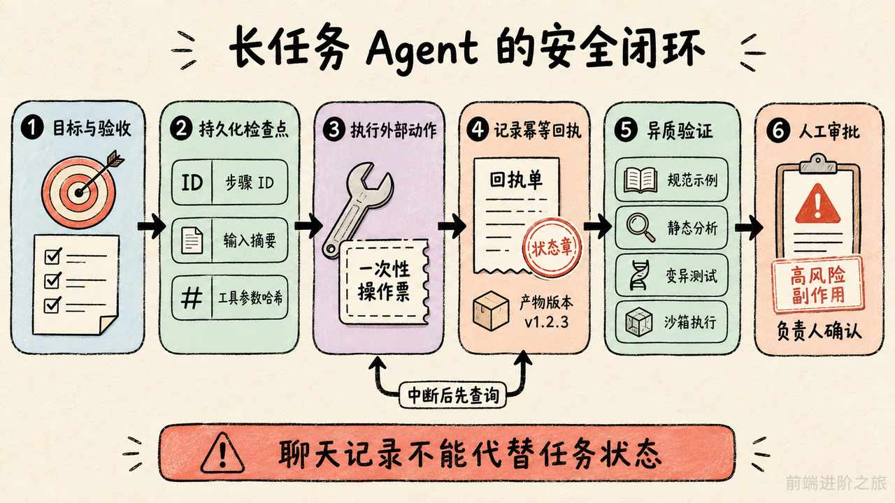 长任务 Agent 从目标验收、持久化检查点和幂等回执到异质验证与人工审批的安全闭环