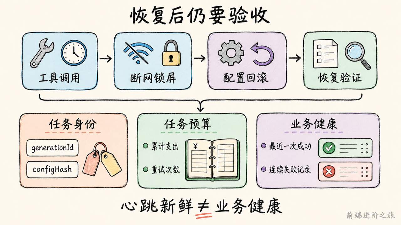 工具调用经历断网、锁屏与配置回滚后，仍需核对任务身份、累计预算与业务健康