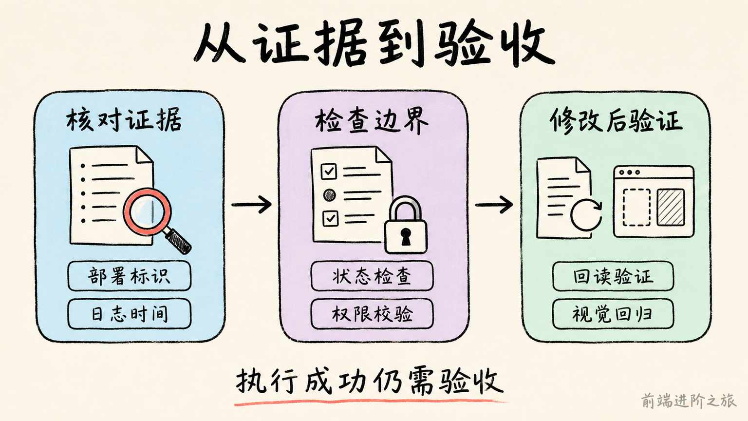 从部署标识和日志时间核对证据，经状态与权限检查，到修改后的回读验证和视觉回归