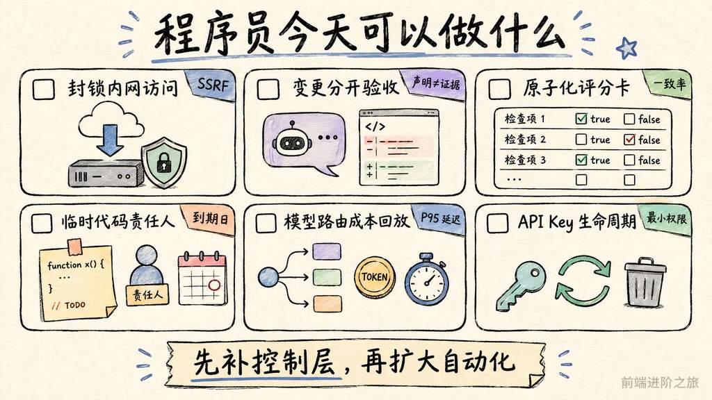 程序员当天可执行的内网访问防护、变更验收、原子评分、代码责任、成本回放和密钥生命周期清单