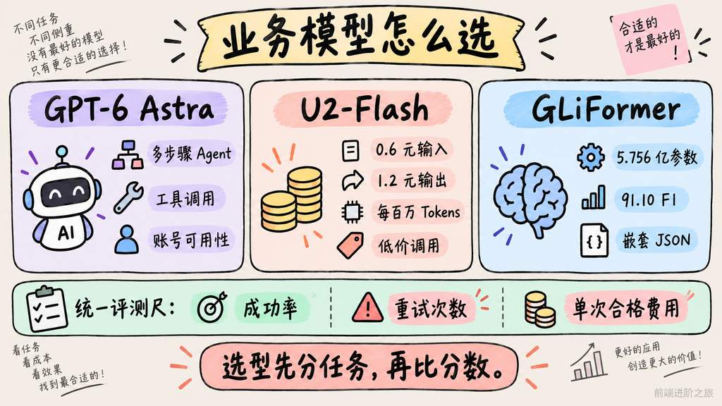 GPT-6 Astra、U2-Flash 与 GLiFormer 应按任务类型比较成功率、重试和费用