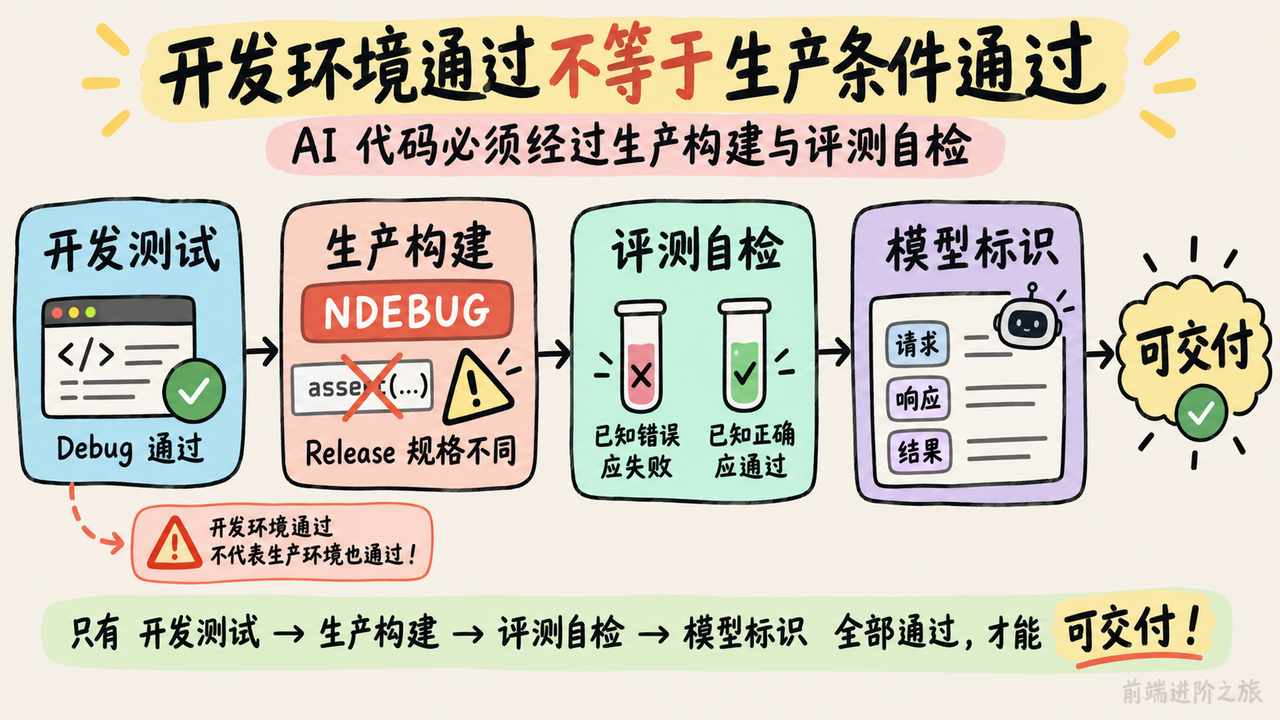 AI 代码从开发测试到生产构建、评测自检和模型标识的四道验收门