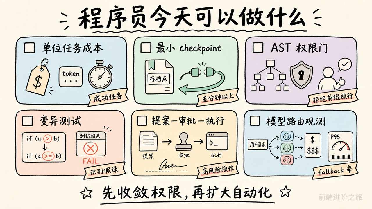 程序员当天可执行的单位任务成本、检查点、AST 权限门、变异测试、审批门和模型路由观测清单