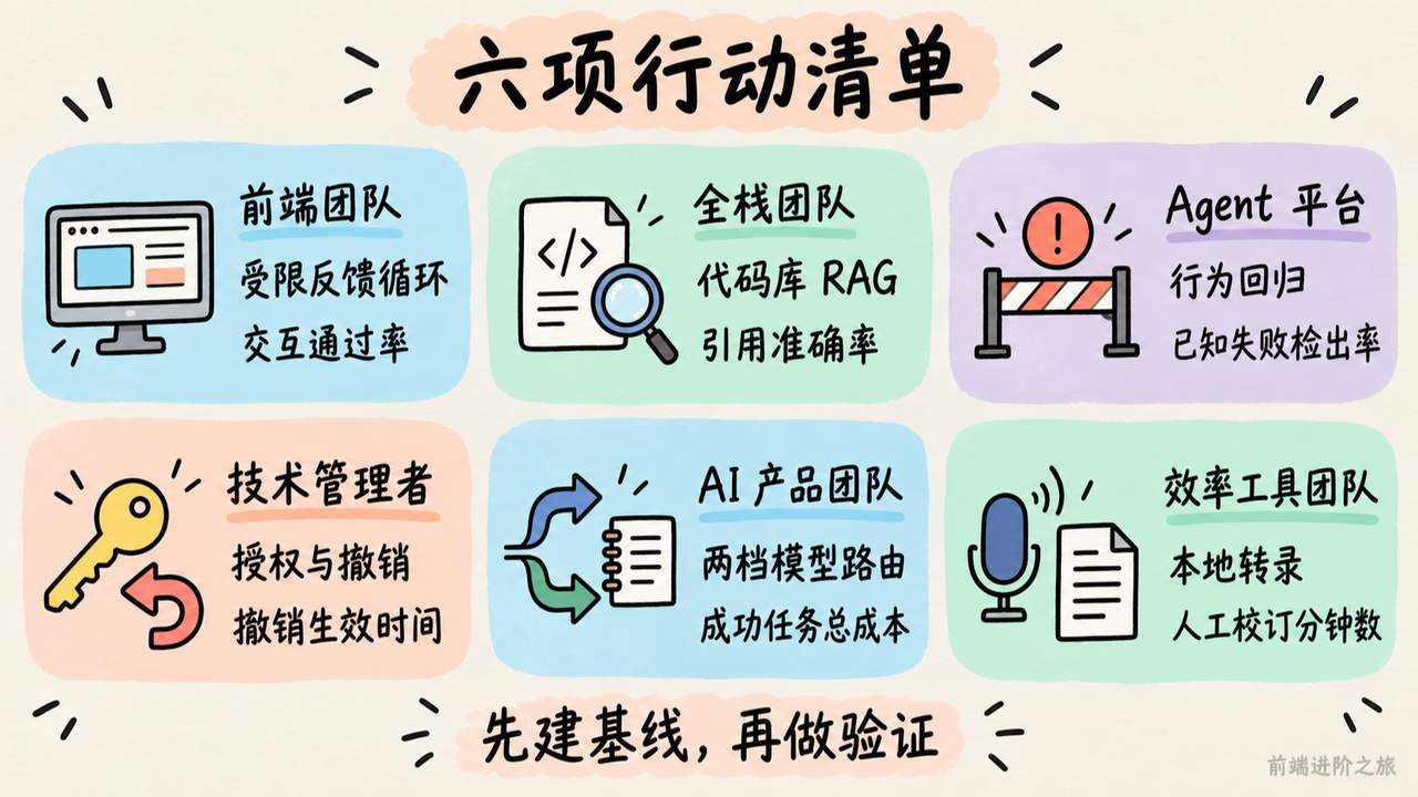 六类团队从基线出发,分别验证反馈循环、RAG、行为回归、权限撤销、模型路由与本地转录