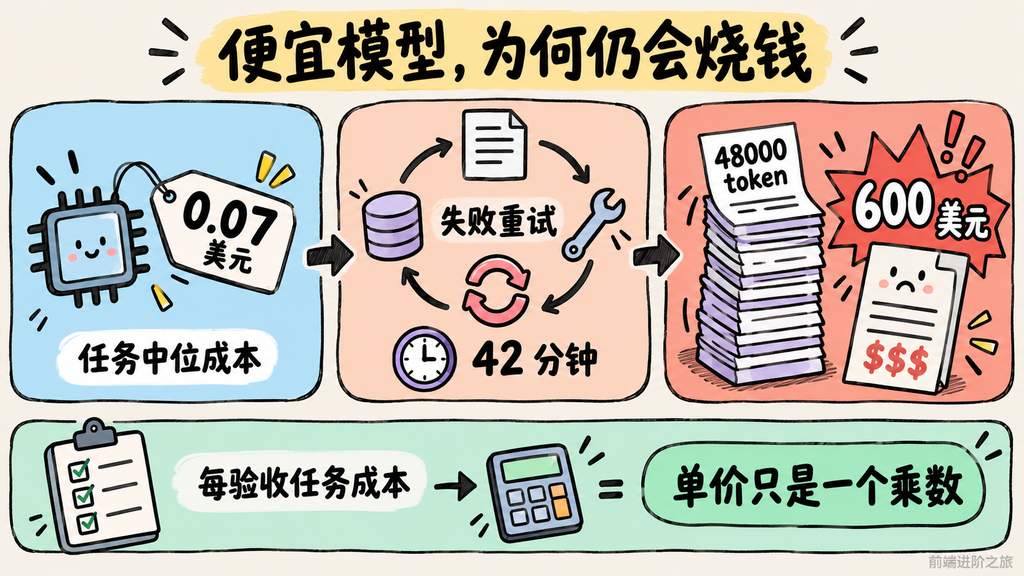 Agent 从 0.07 美元任务中位成本,经失败重试与 48000 token 上下文膨胀,最终在 42 分钟消耗 600 美元的成本链路