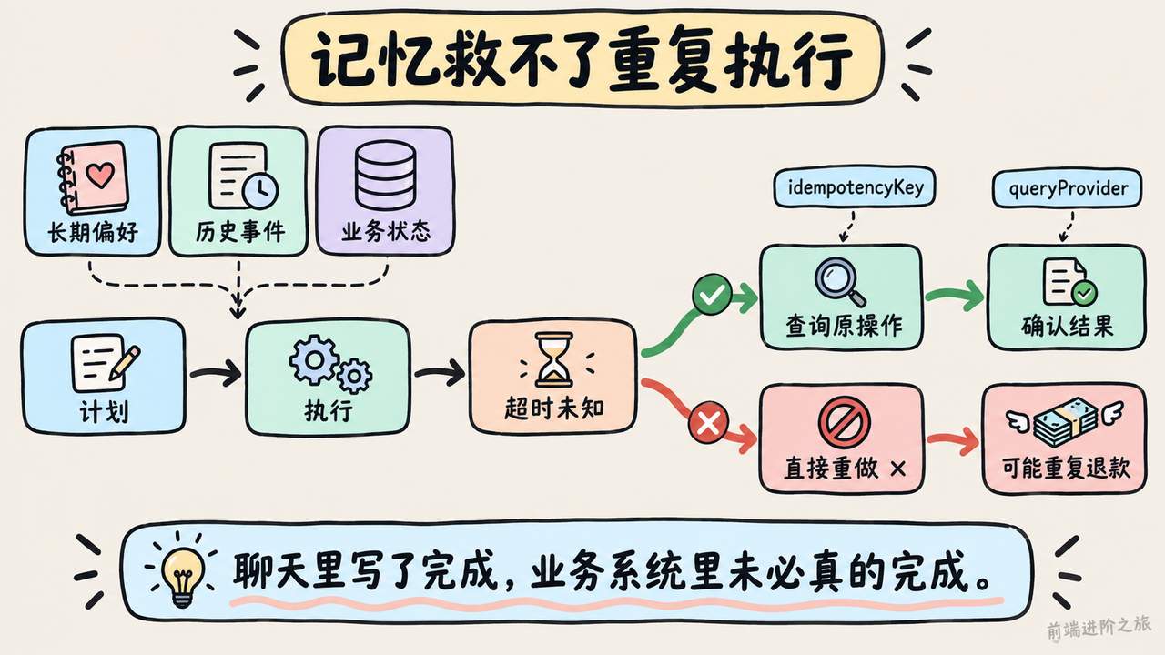 后台 Agent 超时后查询原操作并避免重复执行的状态流程