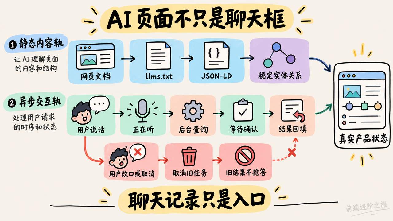 前端用 llms.txt 和 JSON-LD 表达静态内容关系,并呈现正在听、后台查询、等待确认与取消旧任务等异步状态