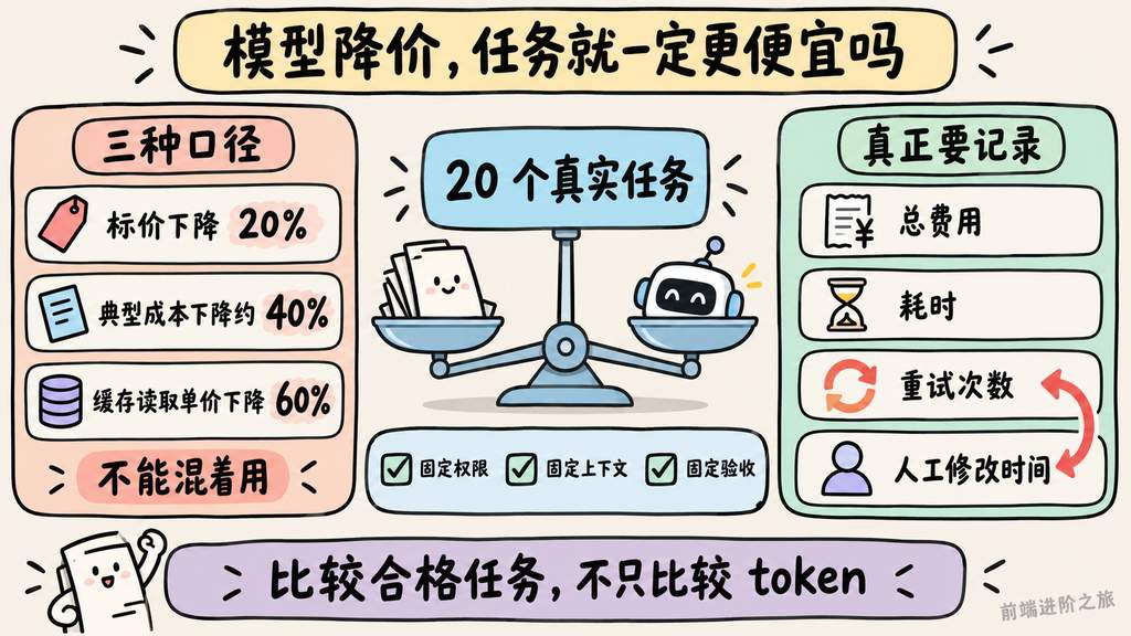 模型降价的三种不同口径与 20 个真实任务总费用、耗时、重试和人工修改成本对照图