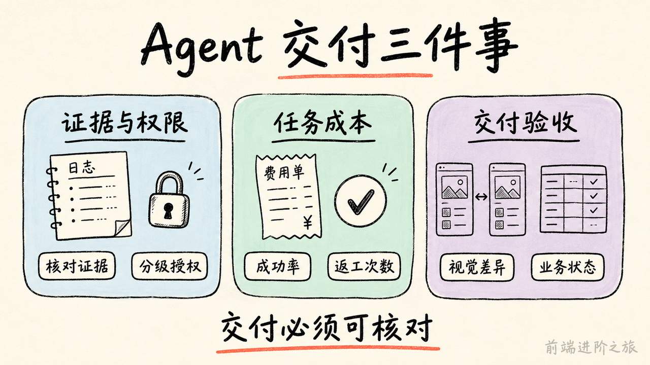 Agent 交付需核对证据与权限、衡量任务成本，并验收视觉差异和业务状态