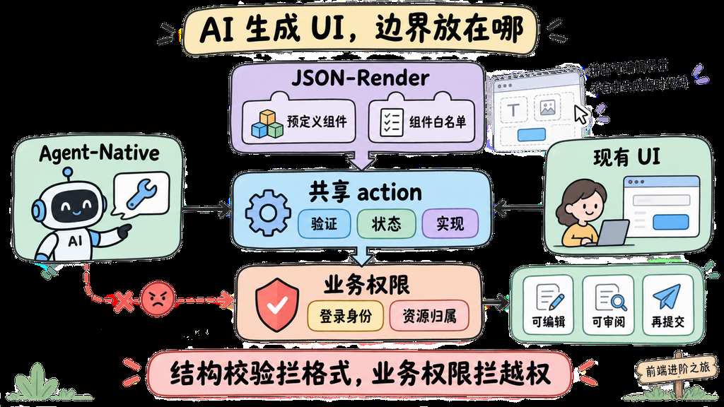 共享 action、组件白名单与业务权限组成受约束的 AI 界面架构