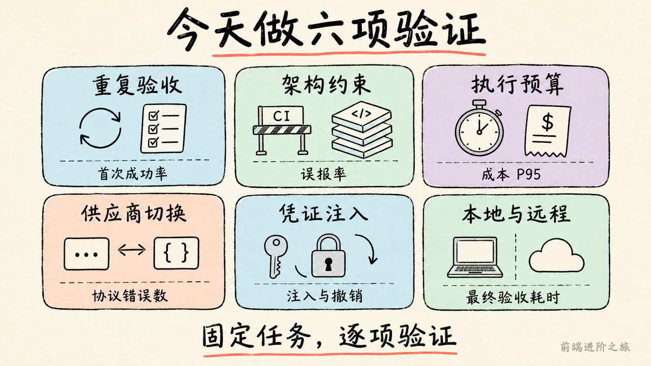 六项可独立验证的行动包括重复验收、架构约束、执行预算、供应商切换、凭证注入和本地远程对比