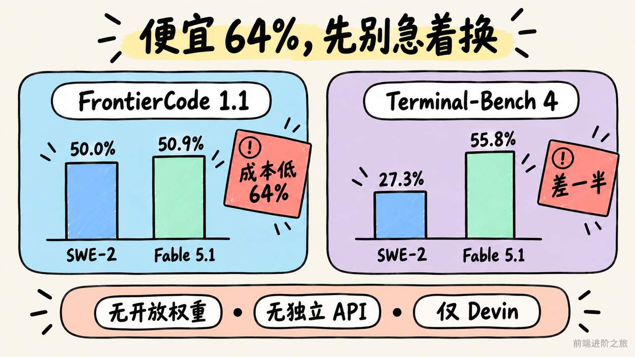 SWE-2 与 Fable 5.1 在两项代码基准上的成本与成绩反差
