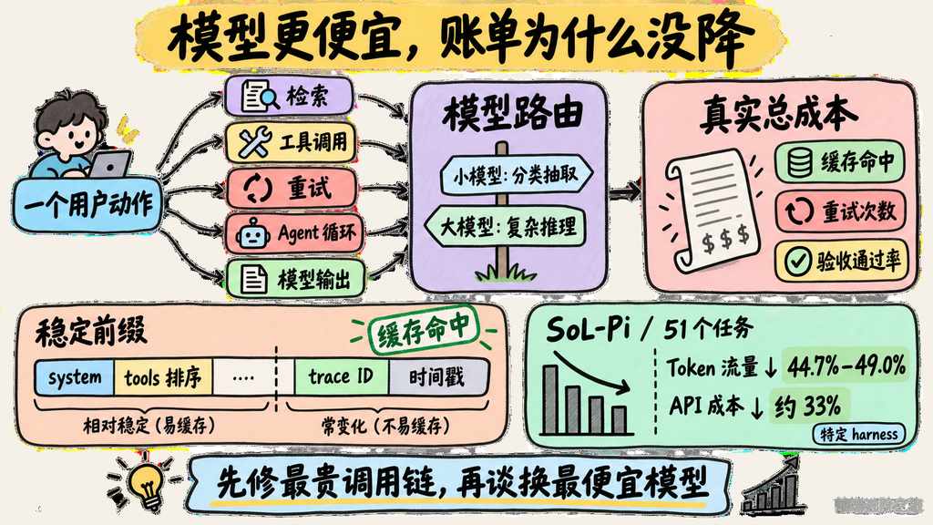 模型路由、稳定前缀、缓存命中、重试次数与验收通过率共同决定 LLM 真实总成本