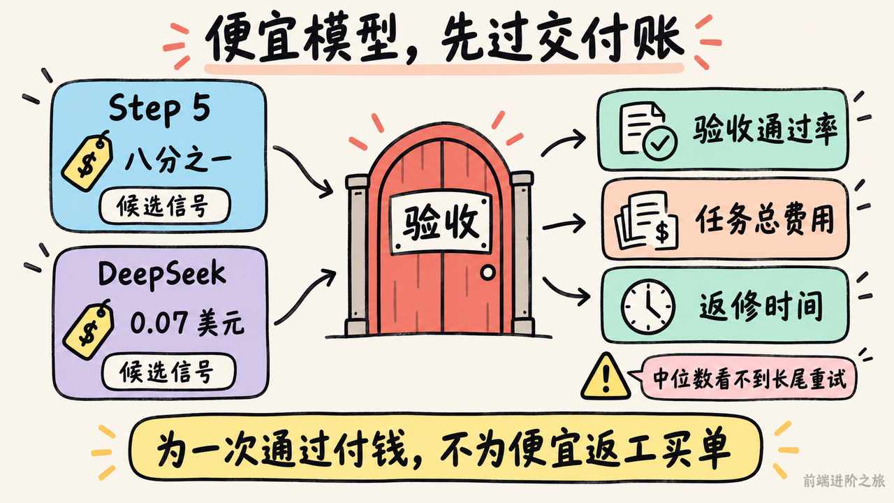 Step 5 与 DeepSeek 低价信号经过验收门后按通过率、总费用和返修时间核算