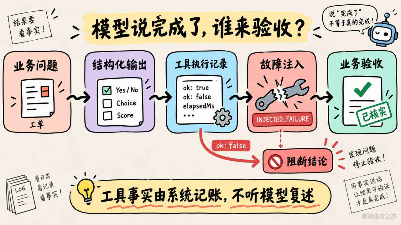 结构化输出、工具执行记录、故障注入与业务验收组成的 Agent 验收流程图